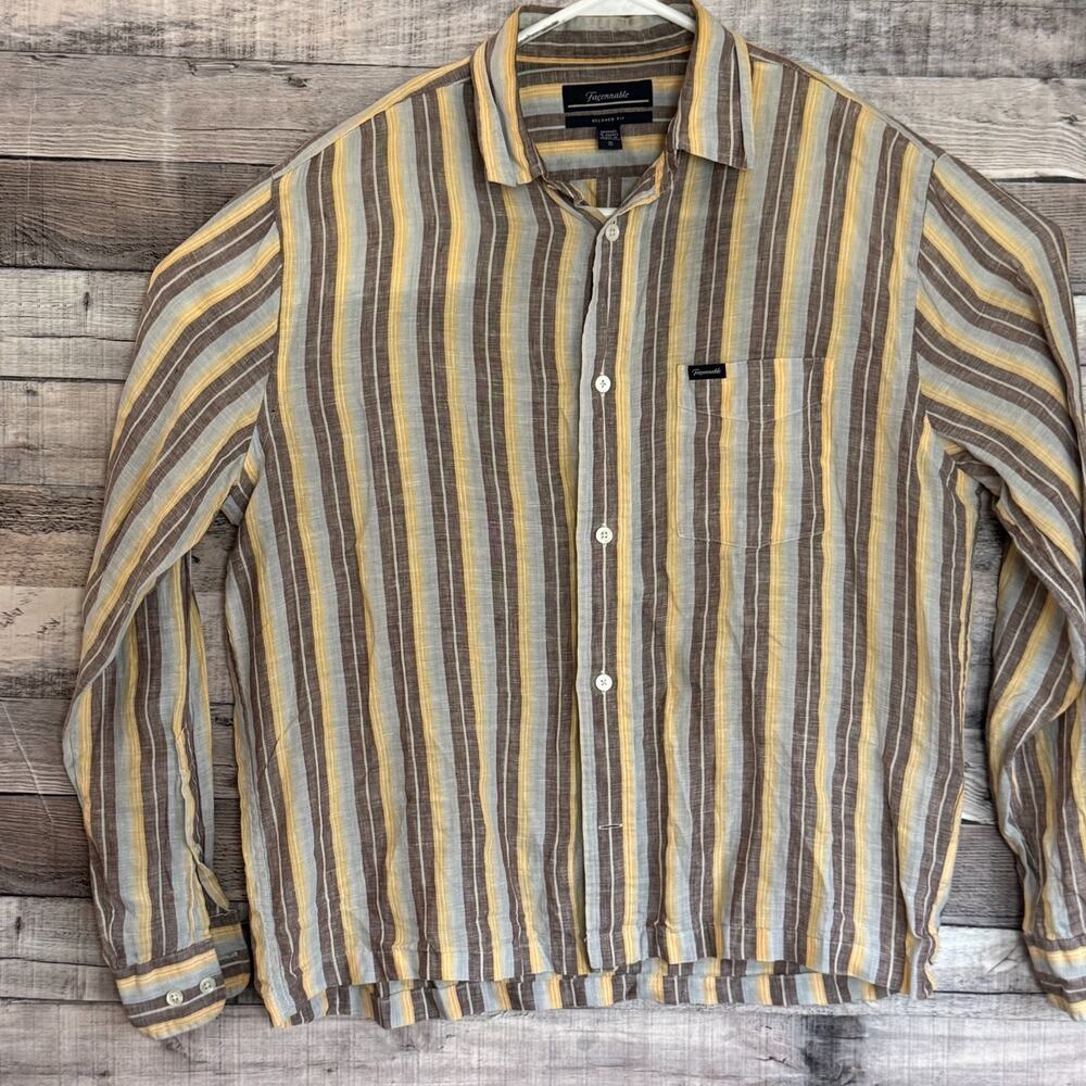 Faconnable Linen Relaxed Shirt Mens Small Brown Striped Button Up Pocket